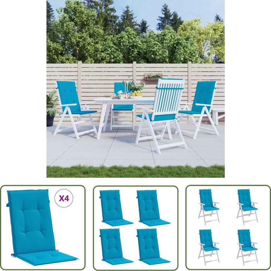 The Living Store Tuinstoelkussens 4 st hoge rug 120x50x3 cm stof blauw Tuinstoel Kussentjes Outdoor Kussens Balkon Kussens Lounge Kussens Stoelkussens Blauw