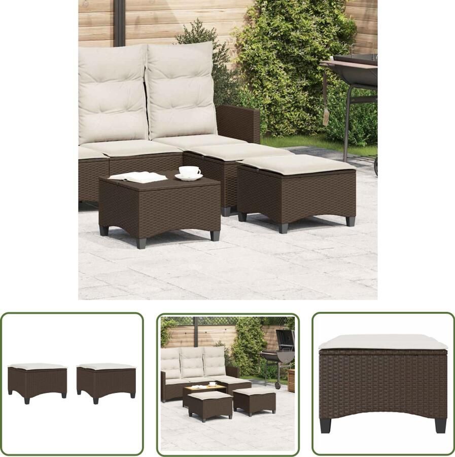 The Living Store Tuinkrukken met kussens 2 st 55x55x36 cm poly rattan bruin Tuinkruk Outdoor Meubel Lounge Stoel Buitendecoratie Patio Furniture