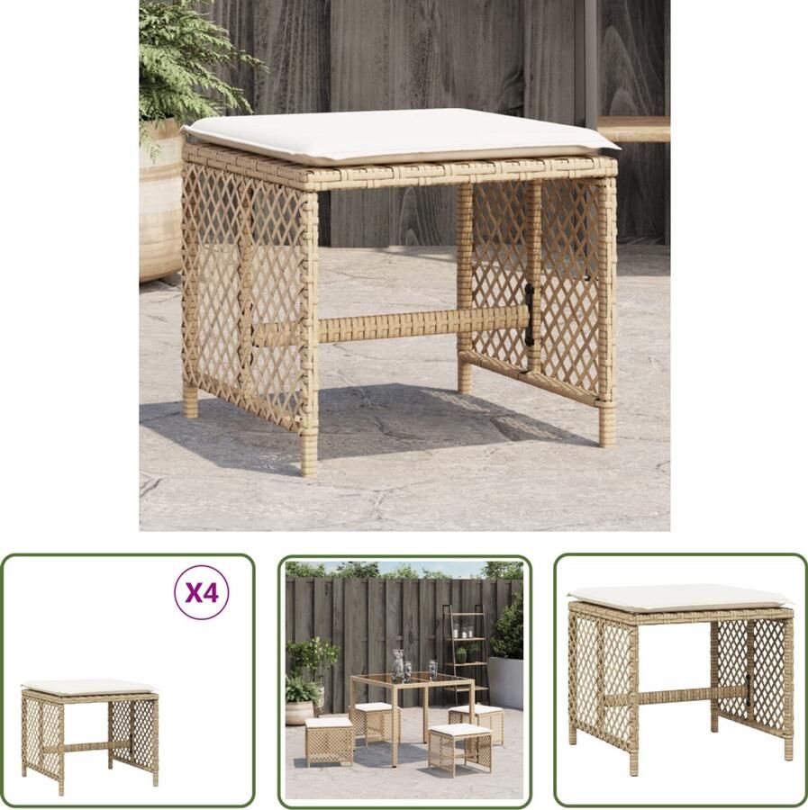 The Living Store Tuinkrukken 4 st met kussens 41x41x36 cm poly rattan beige Tuinkrukken Outdoor Meubelen Lounge Stoel Patio Furniture Garden Chairs