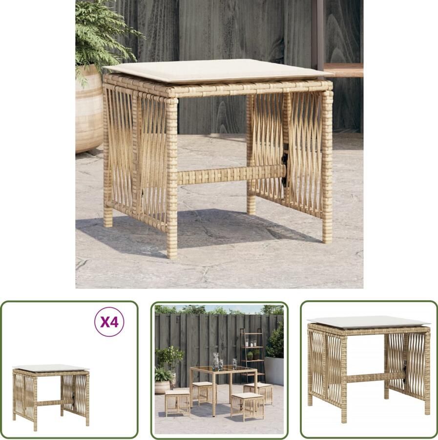 The Living Store Tuinkrukken 4 st met kussens 41x41x36 cm poly rattan beige Tuinkrukken Outdoor Meubels Lounge Stoel Patioset Buitendining