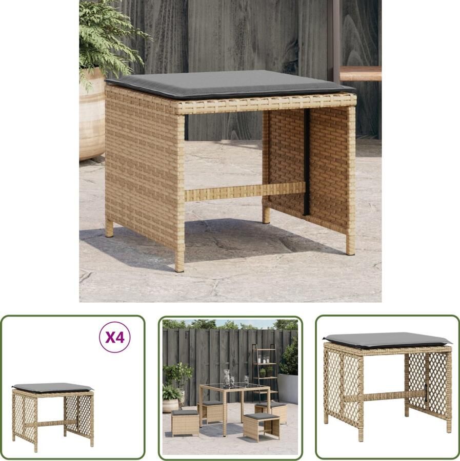 The Living Store Tuinkrukken 4 st kussens 41x41x36 cm poly rattan gemengd beige Tuinkrukken Outdoor Meubilair Lounge Stoel Patioset Balkon Meubel
