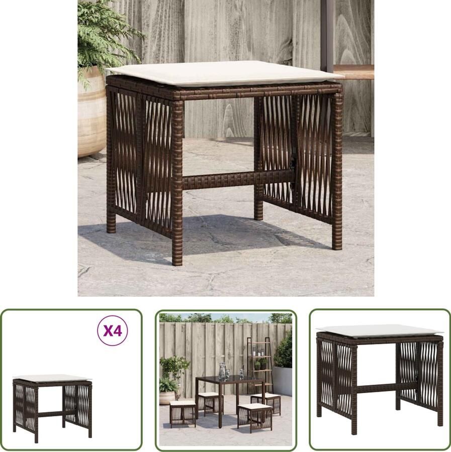 The Living Store Tuinkrukken 4 st met kussens 41x41x36 cm poly rattan bruin Tuinkrukken Outdoor Meubilair Lounge Stoel Patio Meubel Bruine Tuinset