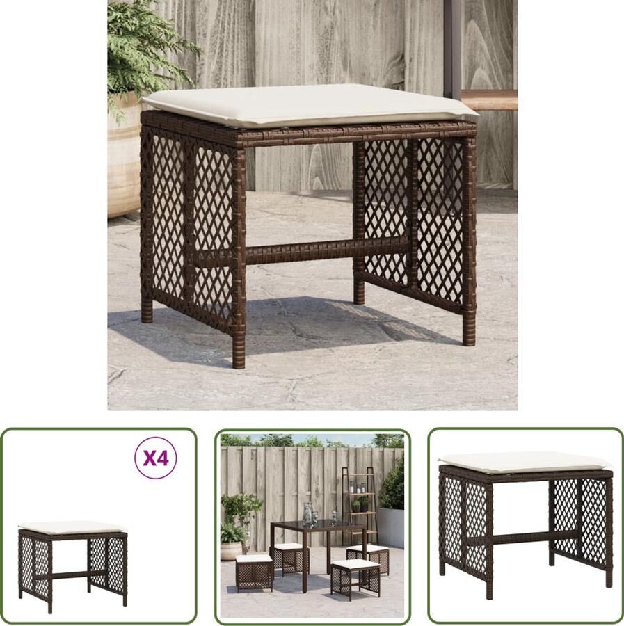 The Living Store Tuinkrukken 4 st met kussens 41x41x36 cm poly rattan bruin Tuinkrukken Outdoor Meubilair Lounge Stoel Patioset Balkon Meubel