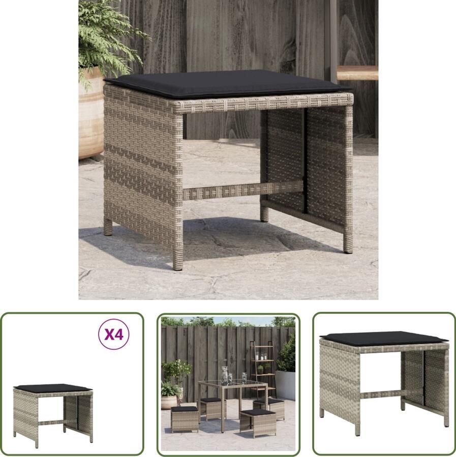 The Living Store Tuinkrukken 4 st met kussens 41x41x36 cm poly rattan lichtgrijs Tuinkrukken Outdoor Meubilair Lounge Stoel Patio Furniture Buitendining