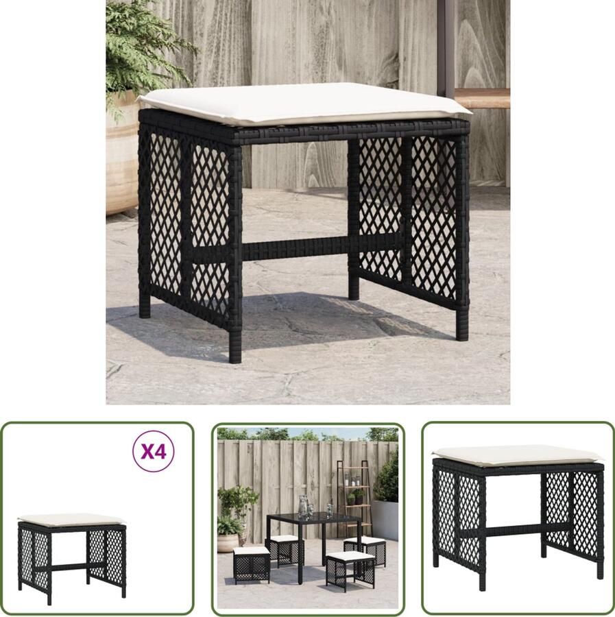 VidaXL Tuinkrukken 4 st met kussens 41x41x36 cm poly rattan zwart Tuinkrukken Outdoor Meubilair Buitendecoratie Lounge Set Terrasset
