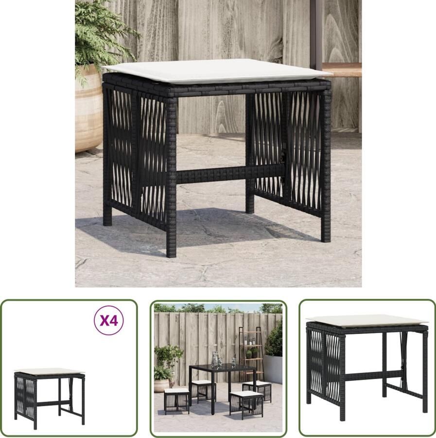 The Living Store Tuinkrukken 4 st met kussens 41x41x36 cm poly rattan zwart Tuinkrukken Outdoor Meubilair Lounge Set Balkonset Terrasstoel