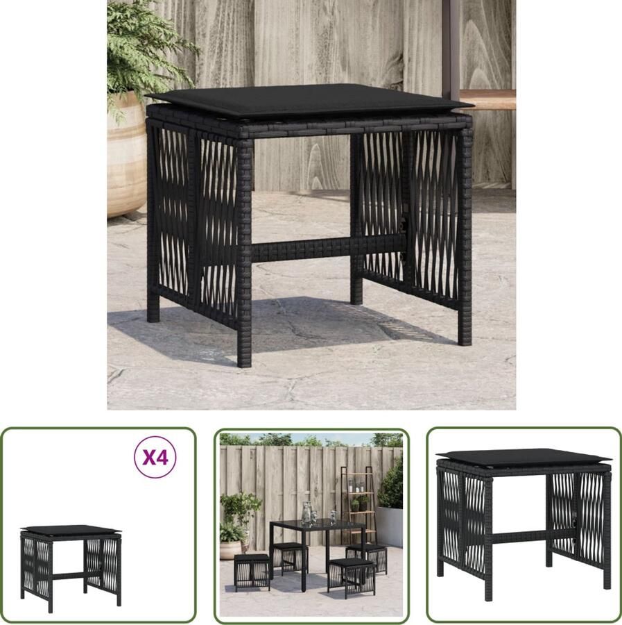 The Living Store Tuinkrukken 4 st met kussens 41x41x36 cm poly rattan zwart Tuinkrukken Outdoor Meubilair Lounge Stoel Patio Furniture Garden Chairs