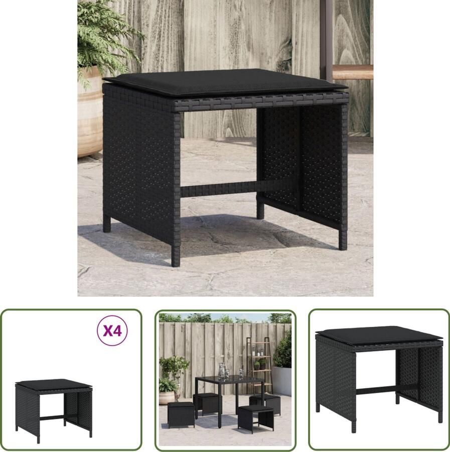 The Living Store Tuinkrukken 4 st met kussens 41x41x36 cm poly rattan zwart Tuinkrukken Outdoor Meubilair Lounge Stoel Balkon Meubel Terrassenset