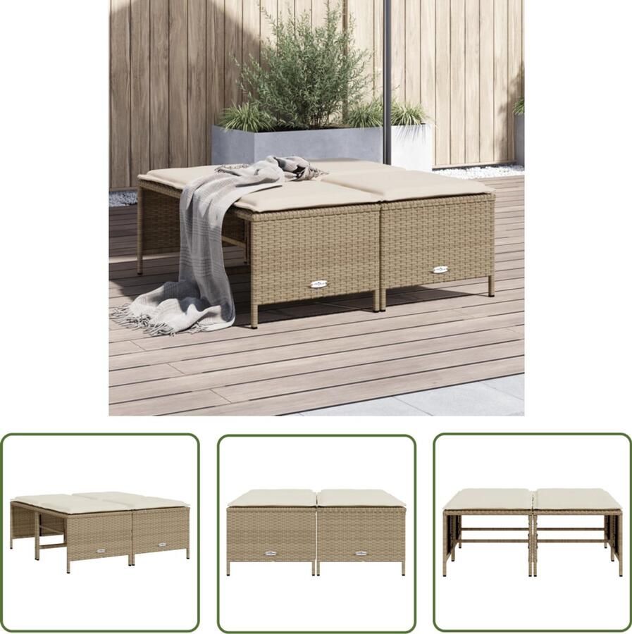 The Living Store Tuinkrukken met kussens 4 st poly rattan beige Tuinkrukken Outdoor Meubilair Lounge Stoel Patioset Garden Furniture