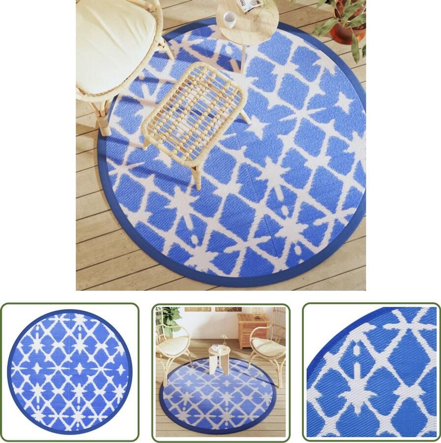 VidaXL Outdoor Tapijten Tuintapijt Buitenkleed ARAKIL Ø160 cm polypropeen blauw en wit Patio Tapijt Terras Kleed Blauwe Tapijt