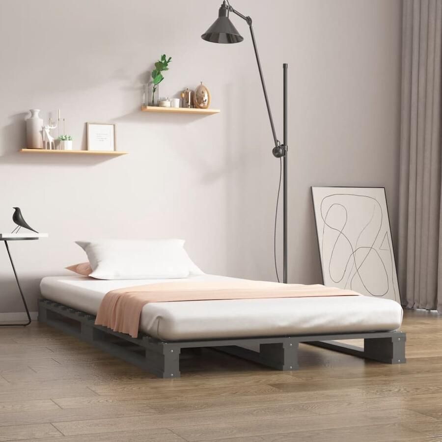 VidaXL Palletbed Massief Grenenhout Grijs 75x190 cm Palletbed Houten Bed Grenenhout Bed Grijs Bed Klein Tweepersoonsbed Compact Bed Stapelbaar Bed - Foto 2