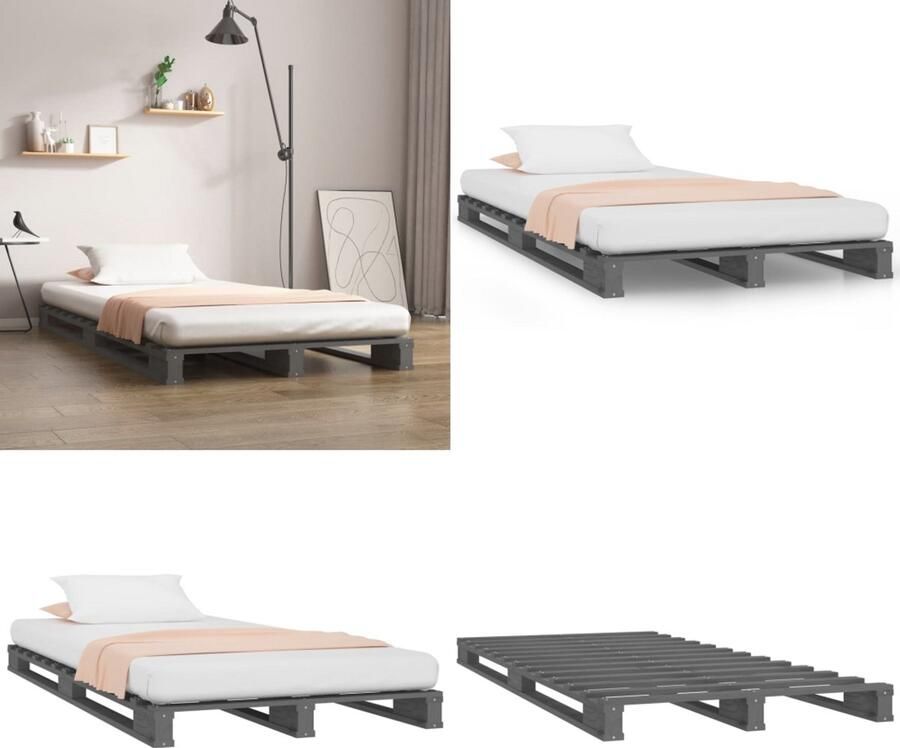 VidaXL Palletbed massief grenenhout grijs 75x190 cm 2FT6 Small Single Palletbed Palletbedden Bed Slaapkamermeubel