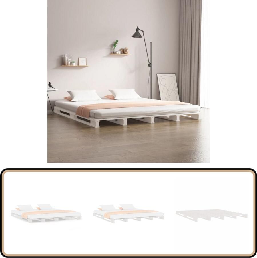 VidaXL Palletbed Massief Grenenhout Wit 160x200 cm Palletbed Houten Bed Wit Bed Tweepersoonsbed Grenenhouthout