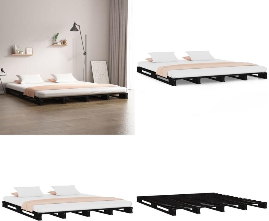 VidaXL Palletbed massief grenenhout zwart 140x190 cm Palletbed Palletbedden Bed Slaapkamermeubel