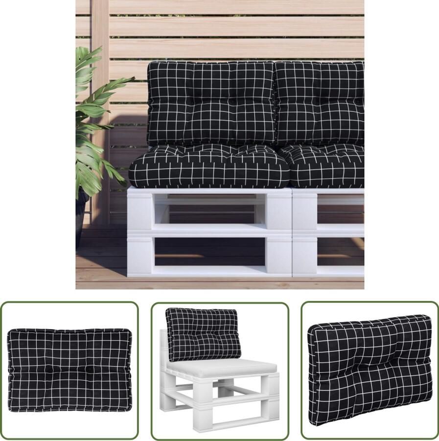 VidaXL Palletkussen 60x40x12 cm Zwart Ruitpatroon Palletkussentjes Outdoor Meubilair Tuinkussens Balkondecoratie Zitcomfort Patio Accessoires Lounge Set