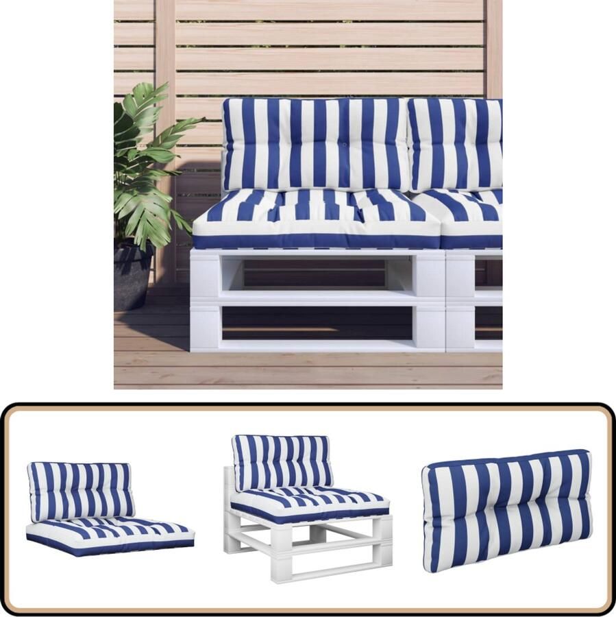 VidaXL Palletkussens 2 st Stof Gestreept Wit en Blauw Palletkussens Buitenkussens Tuinkussens Balkon Kussens Lounge Set Kussens