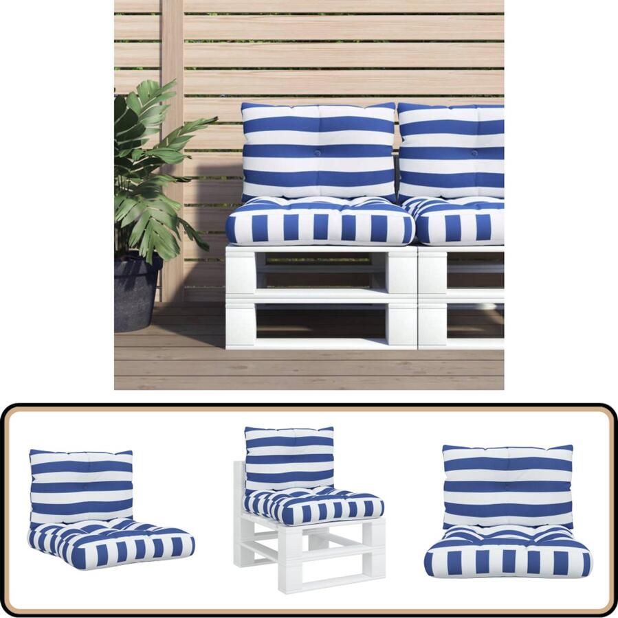 VidaXL Palletkussens 2 st Wit en blauw gestreept Palletkussens Kussens Buitendecoratie Tuindecoratie Lounge Set