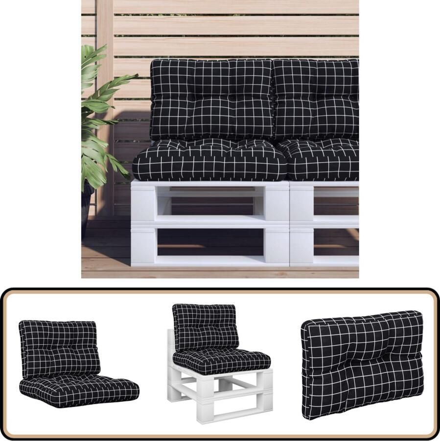 VidaXL Palletkussens 2 Stuks Zwart Ruitpatroon Palletkussens Buitenkussens Tuinkussens Balkondecoratie Zithoek