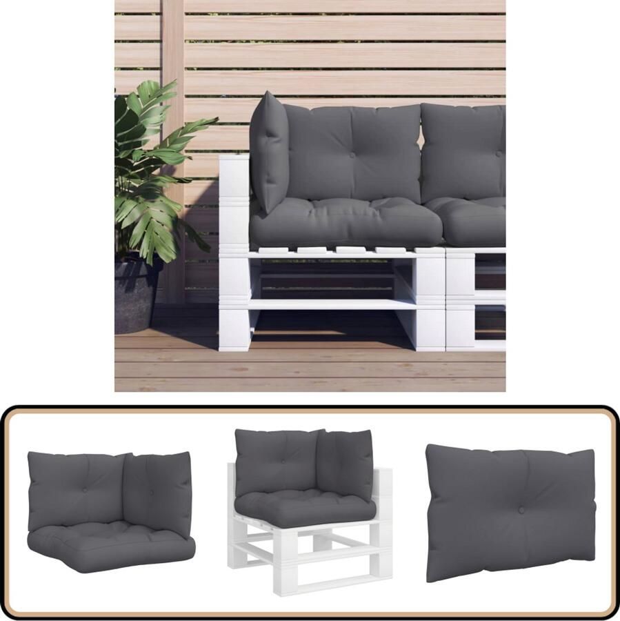 VidaXL Palletkussens 3-delig Antracietkleurig Palletkussens Buitenkussens Tuinkussens Lounge Set Loungebank