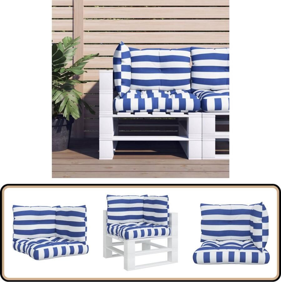 VidaXL Palletkussens 3-delig Wit en Blauw Gestreept Palletkussens Tuin Kussens Buitendecoratie Lounge Set Balkon Meubilair Terrasdecoratie Outdoor Living