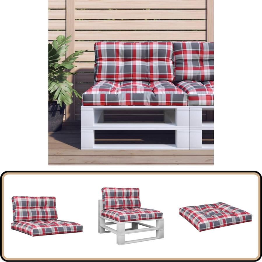 VidaXL Palletkussens Rood Ruitpatroon Set van 2 Palletkussens Tuinstoelen Outdoordecoratie Loungehoek Zitkussens