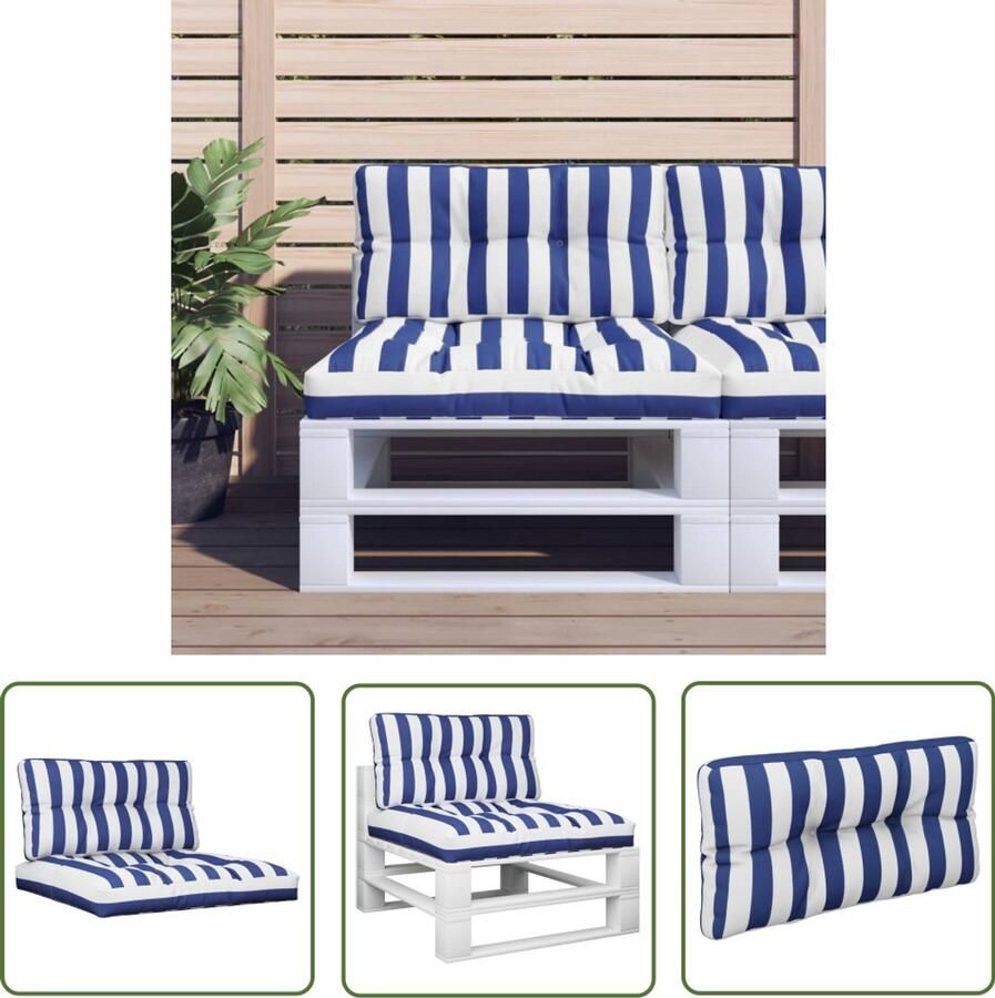 VidaXL Palletkussens set blauw wit gestreept Palletkussens Outdoor Meubilair Tuinkussens Balkondecoratie Zitkussens Rugkussens Patioset Loungebank