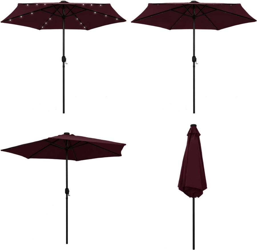 VidaXL Parasol met LED-verlichting aluminium paal 270 cm bordeauxrood Tuinparasol Terrasdecoratie Buitenzonwering Led Parasol Aluminium Parasol Rode Parasol Parasols Tuinparasol Balkon Parasol