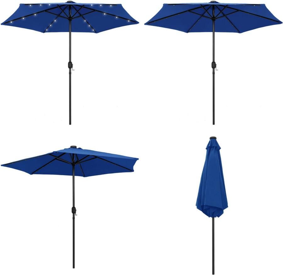 VidaXL Parasol met LED-verlichting en aluminium paal 270 cm azuurblauw Zonnescherm Parasol Buitenschilderij Tuinzomer Terrasdecoratie Led Verlichting Aluminium Parasol Parasols Tuinparasol Balkon Parasol