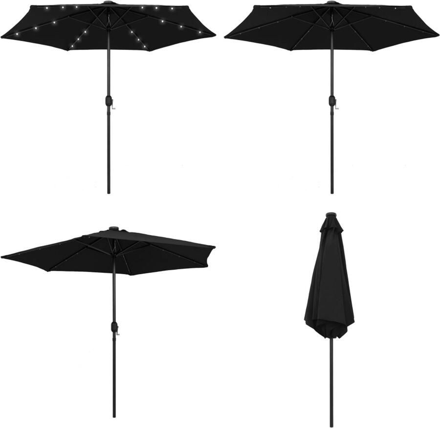 VidaXL Parasol met LED-verlichting en aluminium paal 270 cm zwart Tuinparasol Parasol Zonwering Buitendecoratie Zwarte Parasol Led Parasol Patio Parasol Strand Parasol Parasols Tuinparasol Balkon Parasol