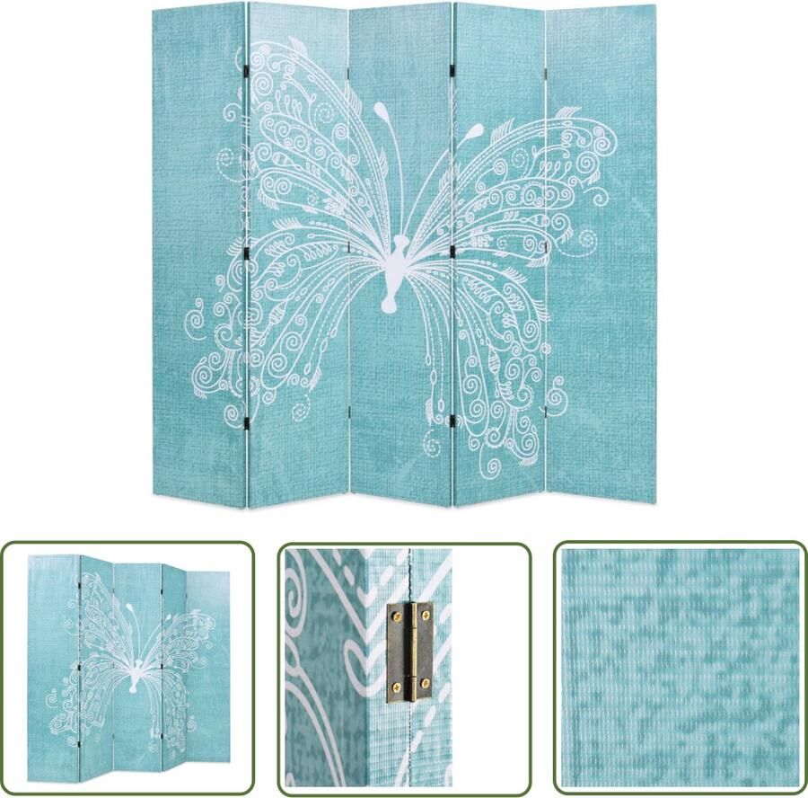The Living Store Kamerscherm inklapbaar vlinder 200x170 cm blauw Kamer Verdeler Paravent Vlinder Print Blauwe Kamerdecoratie Vouw Scherm