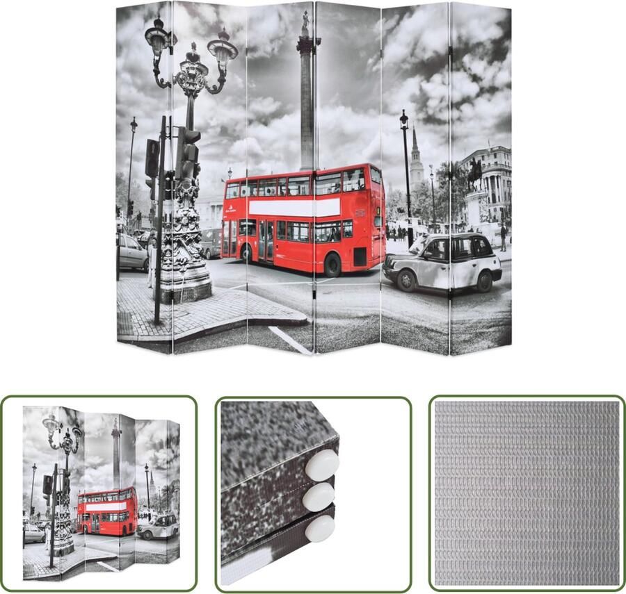 The Living Store Kamerscherm inklapbaar Londen bus 228x170 cm zwart en wit Kamerdivider Paravent Wandafscheider London Thema Design Meubilair