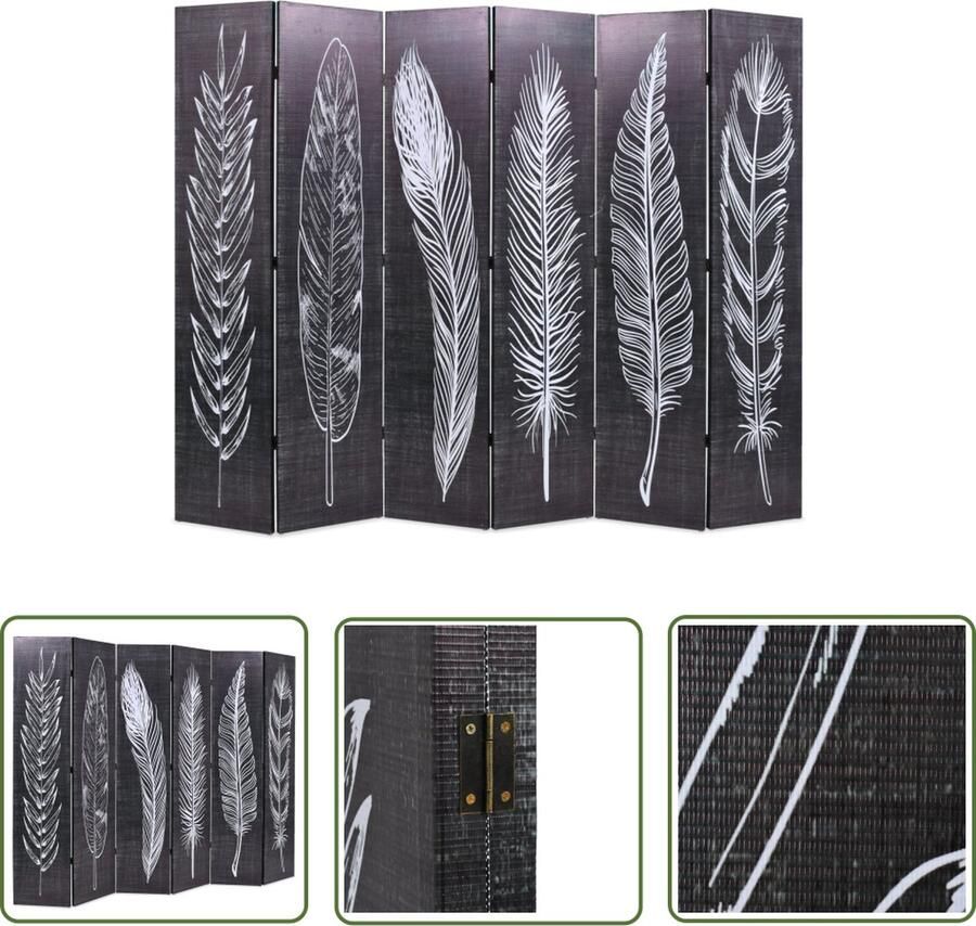 The Living Store Kamerscherm inklapbaar veren 228x170 cm zwart en wit Kamerscherm Paravent Privacy Schemer Veren Print Zwarte Kamerdecoratie