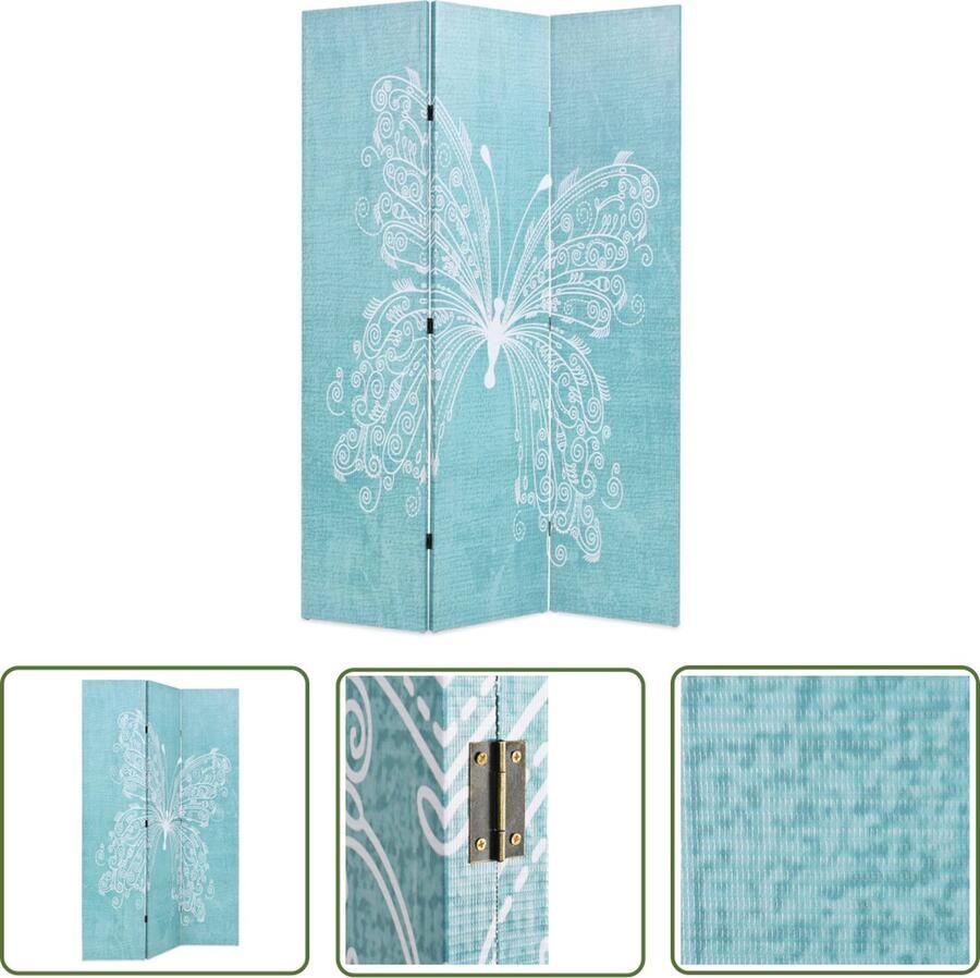 The Living Store Kamerscherm inklapbaar vlinder 120x170 cm blauw Kamerscherm Paravent Vlinder Print Blauwe Kamerdecoratie Vouw Scherm