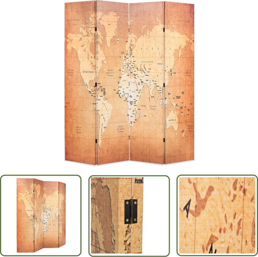 The Living Store Kamerscherm Wereldkaart 160 x 170 cm Moderniteit met Praktische Privacy Kamerscherm Paravent Wereldkaart Designkamerdecoratie Privacy Screen