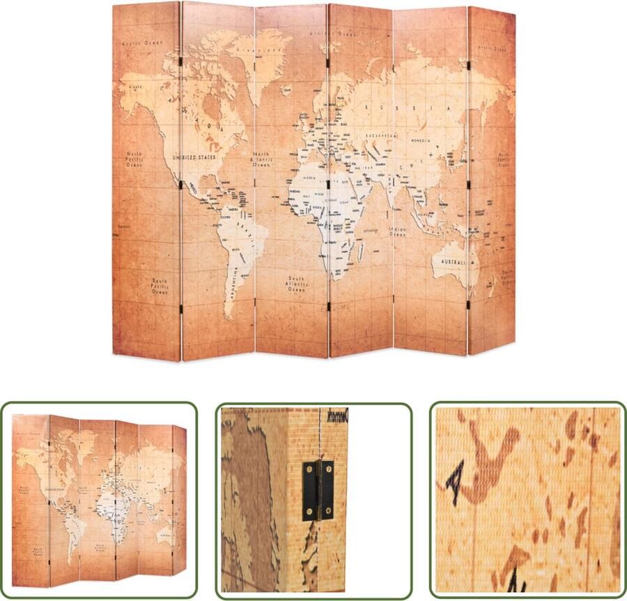 The Living Store Kamerscherm inklapbaar wereldkaart 228x170 cm geel Kamerscherm Paravent Wereldkaart Designkamermeubel Woonaccessoires