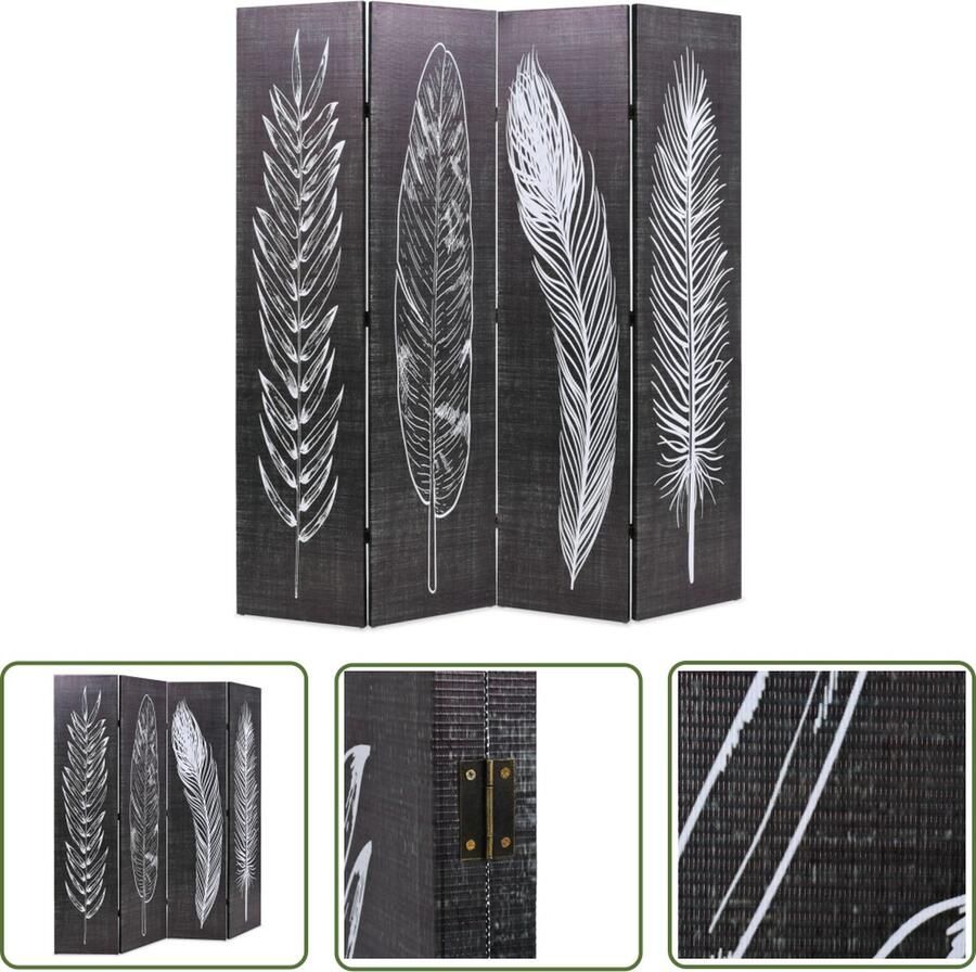 The Living Store Kamerverdeler Verenprint 160 x 170 cm Massief Houten Frame Kamerverdeler Paravent Veren Print Kamerschot Privacy Screen