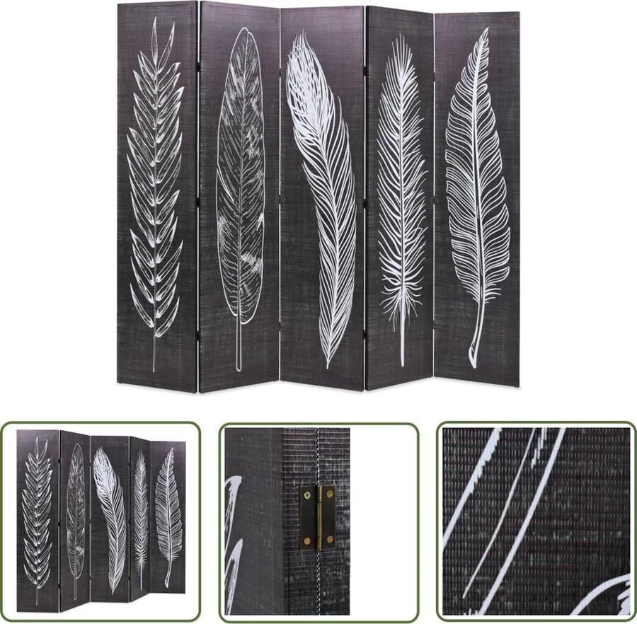 The Living Store Kamerverdeler Verenprint 200 x 170 cm Massief hout Zwart en wit Kamerverdeler Paravent Scherm Privacy Decoratie