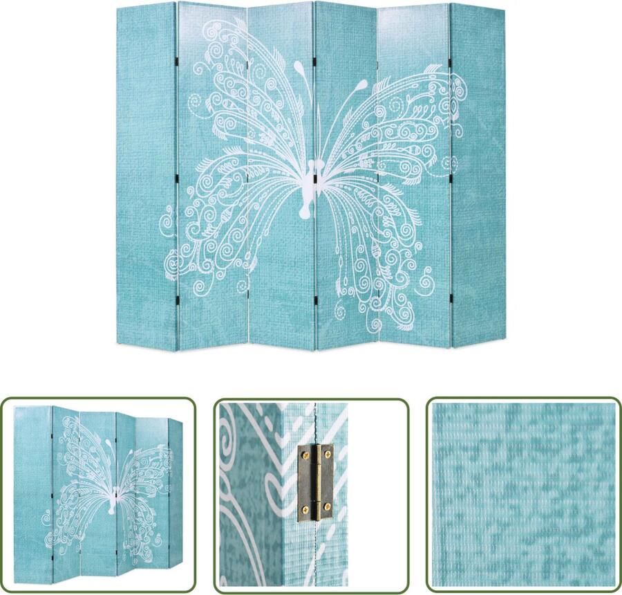 The Living Store Kamerverdeler Butterfly Print 228 x 170 cm Blauw Kamerverdeler Paravent Vlinder Print Blauwe Kamerdecoratie Slaapkamer Accessoires