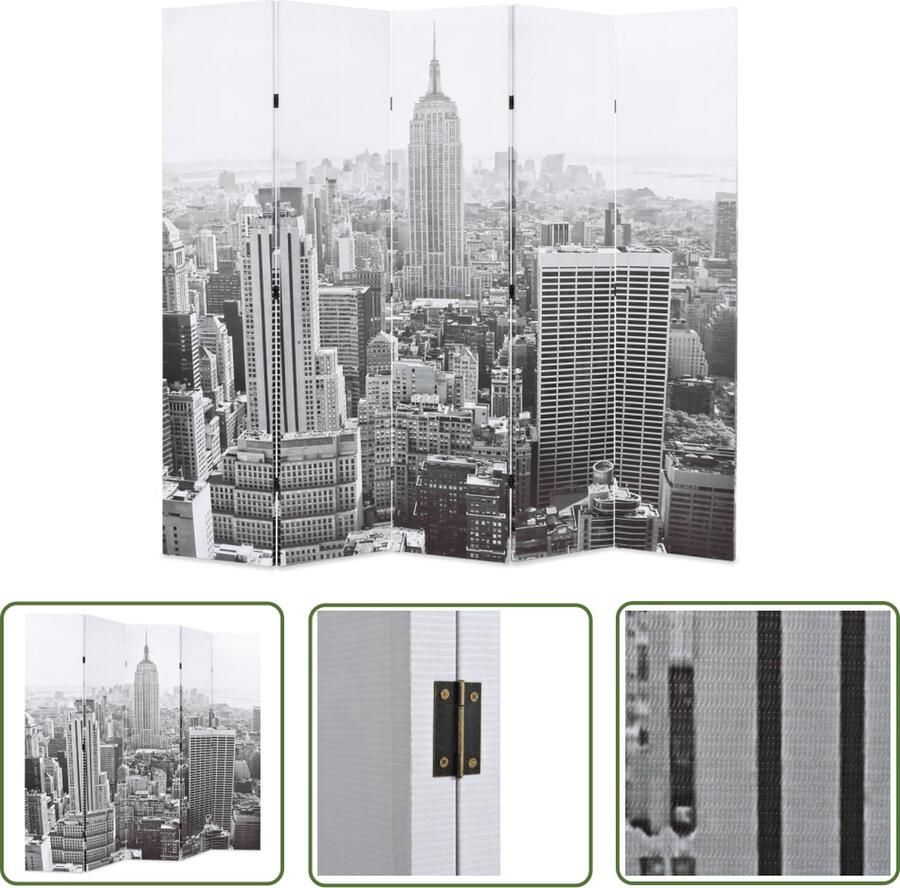 The Living Store Kamerverdeler New York 200x170 cm Natuurlijk houten frame Fotoprint Zwart-wit Polyester Kamerverdeler Paravent Screenschilderij Wanddecoratie Nieuw York