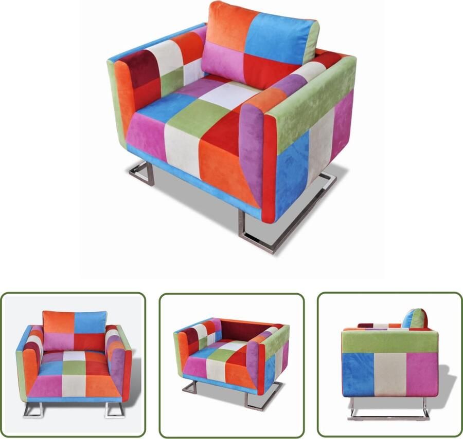 The Living Store Fauteuil met patchwork ontwerp en verchroomde poten kubus stof Fauteuil Patchwork Kubusstoel Lounge Stoel Eetkamerstoelen - Foto 2