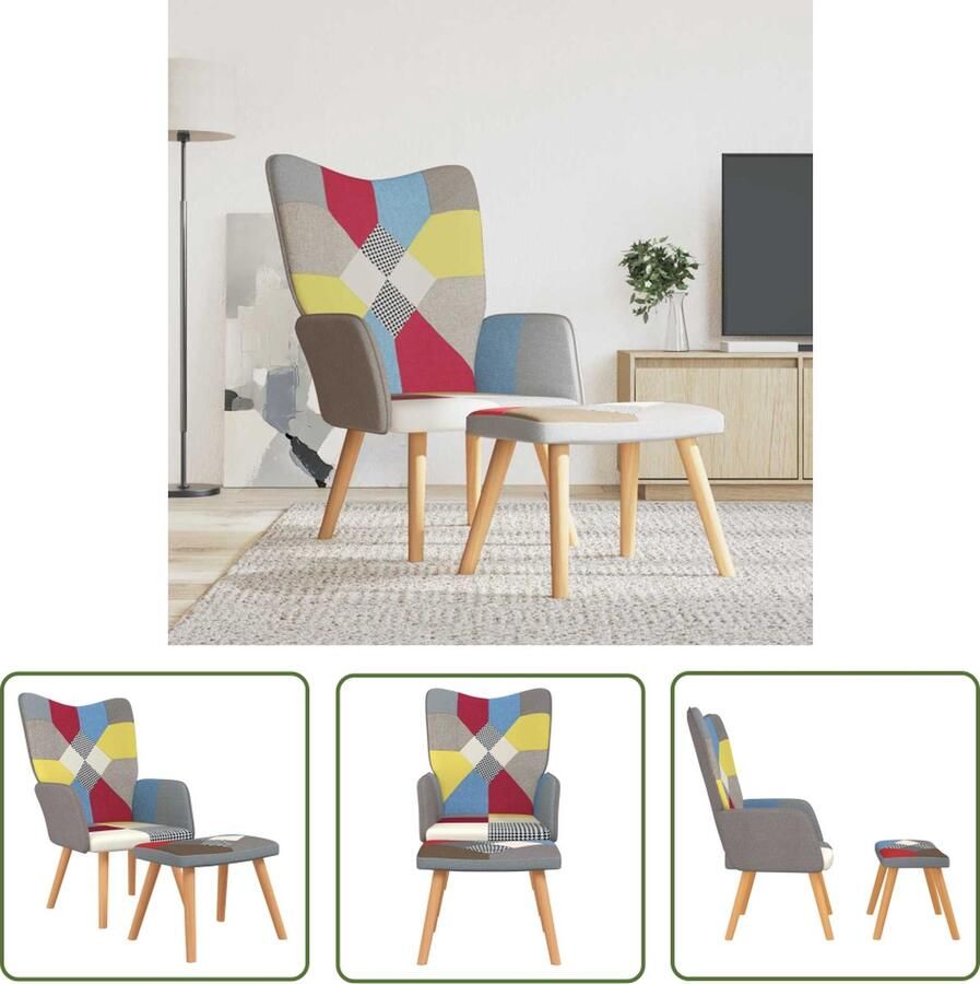 The Living Store Relaxstoel Patchwork Stof Meerkleurig 61.5 x 69 x 95.5 cm Met voetenbank Relaxfauteuil Patchwork Fauteuil Lounge Stoel Fauteuils Met Voetensteun Multicoloured Armchair - Foto 2