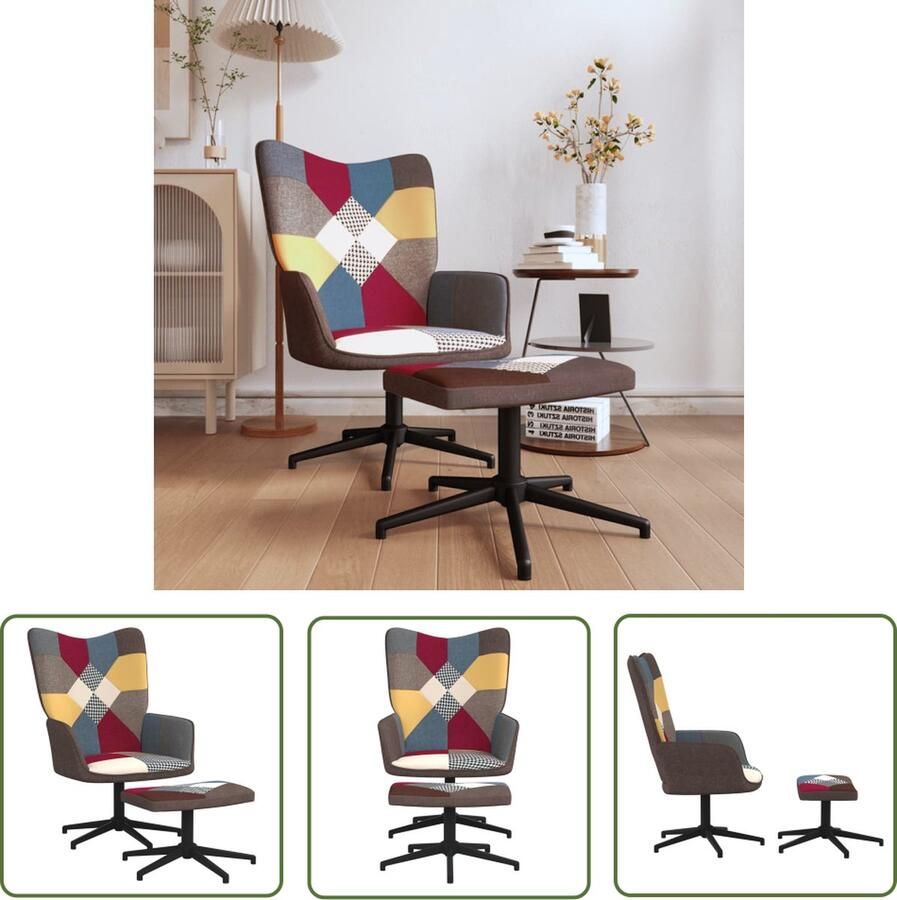 The Living Store Relaxstoel Patchwork Stoel 62x68x98 cm Voetenbank 47x32x38.5 cm Meerkleurig Relaxfauteuil Patchwork Fauteuil Lounge Stoel Comfortabele Stoel Fauteuils - Foto 2