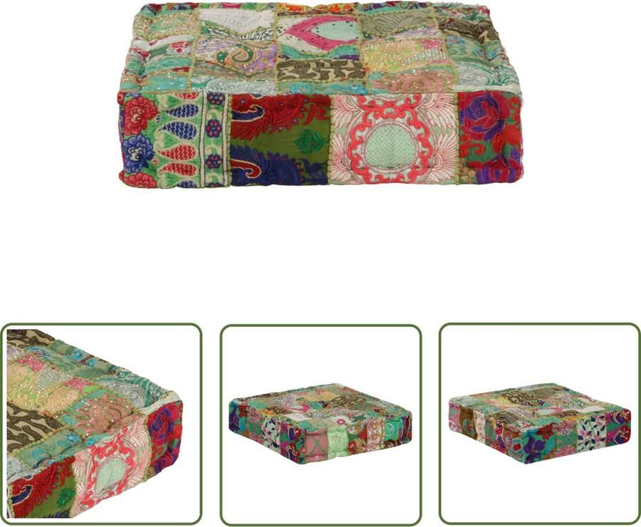 The Living Store Poef patchwork vierkant handgemaakt 50x50x12 cm katoen groen Vintage Poef Patchwork Poef Handgemaakte Poef Katoenen Poef Indiaanse Stijl