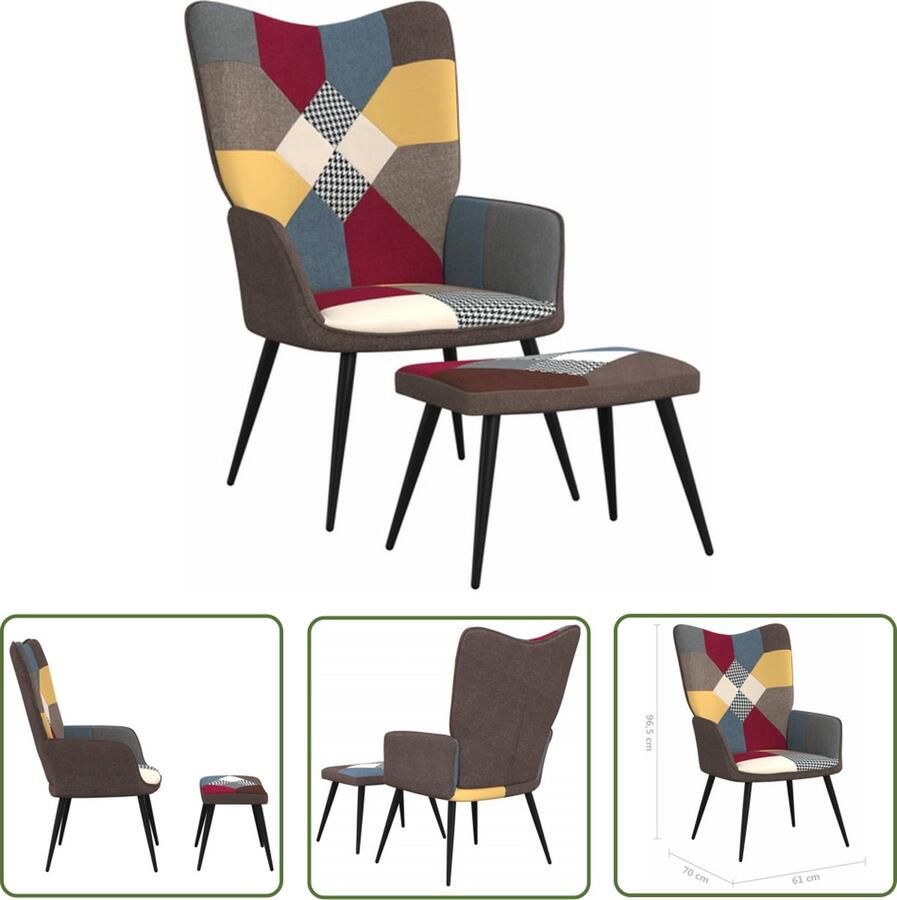 The Living Store Relaxstoel Patchwork Stoel 61x70x96.5 cm Voetenbank 47x32x34 cm Meerkleurig stof Staal frame Relaxfauteuil Patchwork Stoffen Lounge Stoel Fauteuils Loungestoel