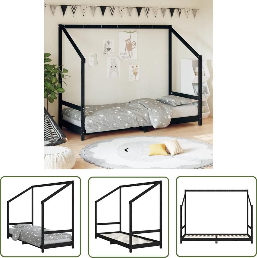 The Living Store Houten Bedframe Peuterbed Zwart 205.5 x 85.5 x 158 cm Geschikt voor kinderen vanaf 4 jaar Matras niet inbegrepen Kinderbed Peuterbed Houten Bed Zwarte Bed Kids Bed