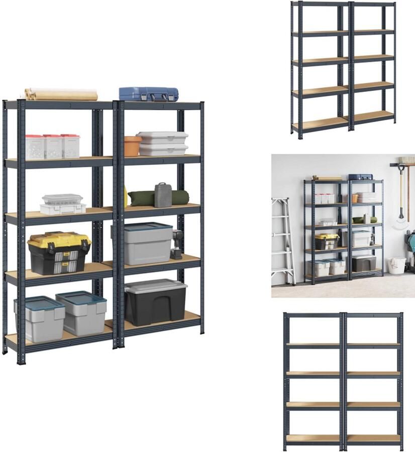 VidaXL Plank Planken Garage Stelling Stellingkast 5 Laags Opbergrek 2 stuks antracietkleurig staal & bewerkt hout