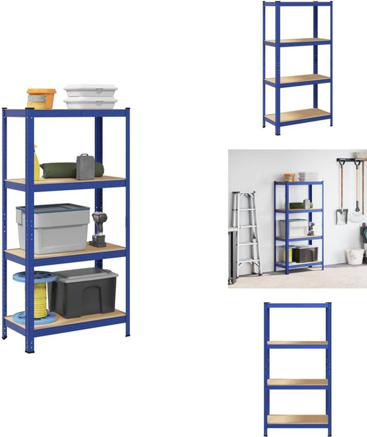 VidaXL Plank Planken Garage Stelling Stellingkast Opbergrek 4-laags staal en bewerkt hout blauw
