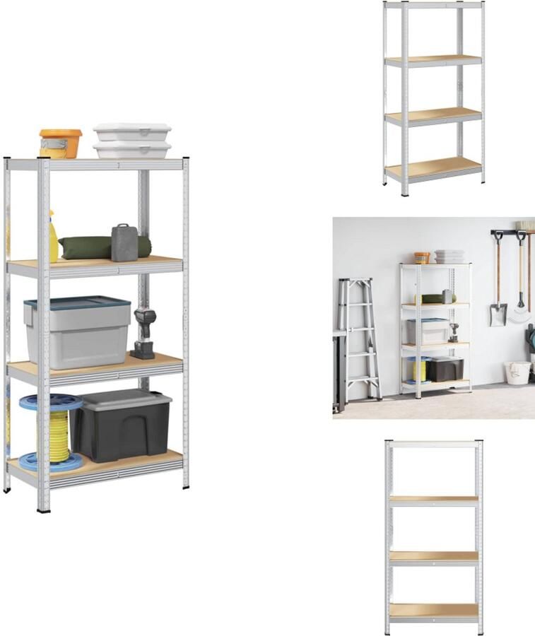 VidaXL Plank Planken Garage Stelling Stellingkast Opbergrek 4-laags staal en bewerkt hout zilverkleurig