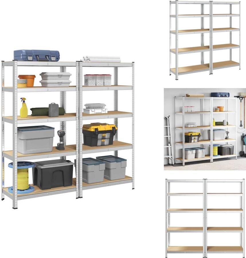 VidaXL Plank Planken Garage Stelling Stellingkast Opbergrek 5-laags 2 st staal en bewerkt hout zilverkleurig