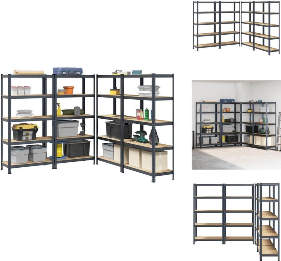 VidaXL Plank Planken Garage Stelling Stellingkast Opbergrek 5-laags 4 st staal en bewerkt hout antracietkleurig